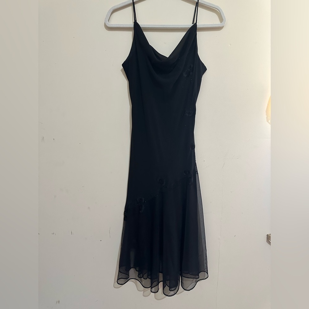 De Laru Size 8 Black Beaded Floral Spaghetti Strap Evening Dress Prom Party